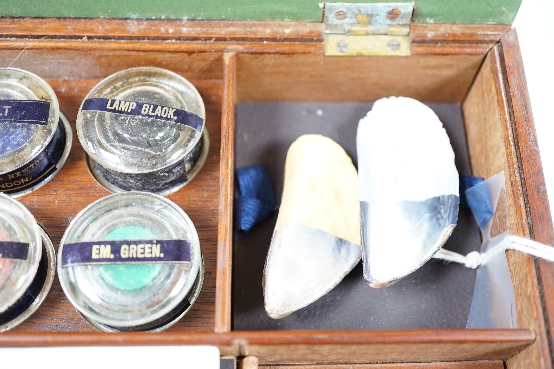 A mahogany Windsor & Newton Ltd London, Illustrating colours and materials artist's box, with fitted interior box, 29.5cm wide, 19cm deep